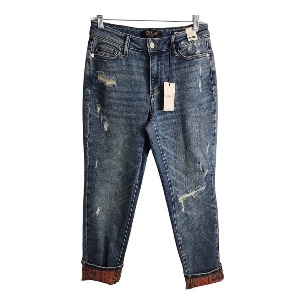 Judy Blue Midrise Boyfriend Fit Design Cuff‎  Hem Boho Preppy Relaxed Jeans 27